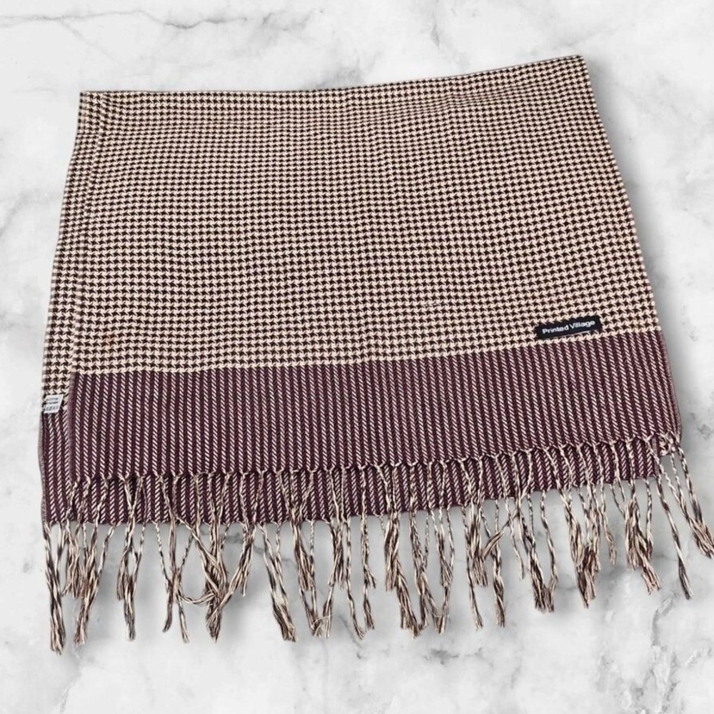 Printed Village Burgundy Cream Houndstooth Scarf Cotton Pashmina Fringe Wrap